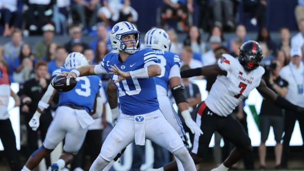 Brigham Young Cougars quarterback Kedon Slovis (10) passes the ball against the Texas Tech Red Raiders in the first quarter at LaVell Edwards Stadium.